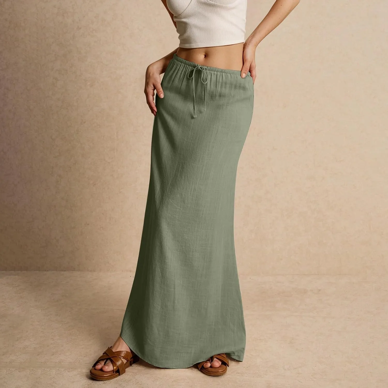 Skirts for Women Summer Casual A Line Drawstring Solid Low Waist Long Flowy Maxi Trendy Vacation Skirt