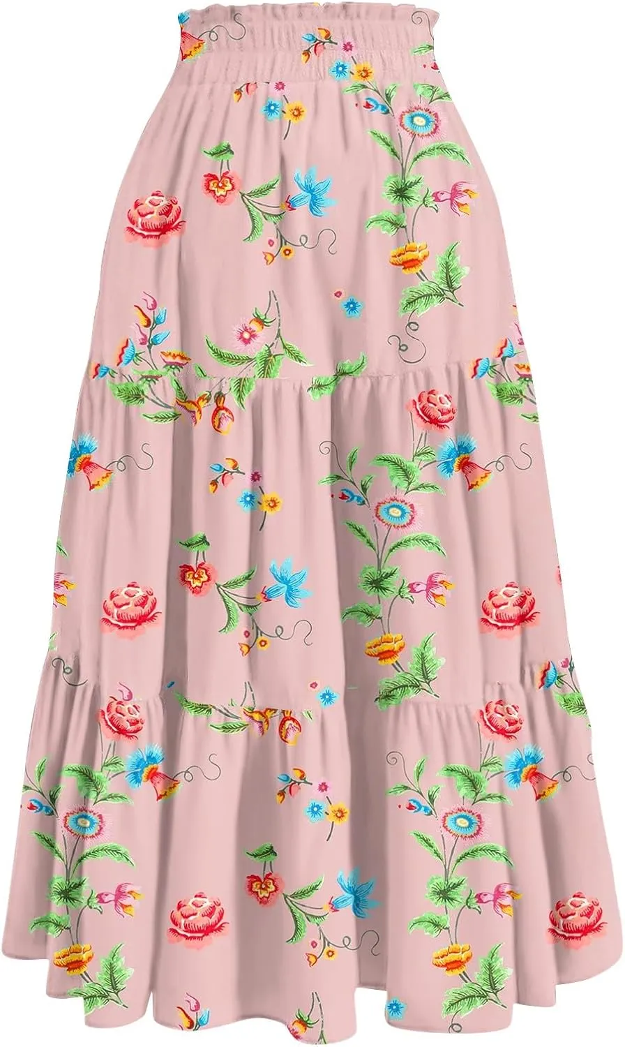 Skirts for Women Trendy Summer Tiered Elastic High Waisted Floral Skirt Vacation A Line Drawstring Flowy Long Skirts