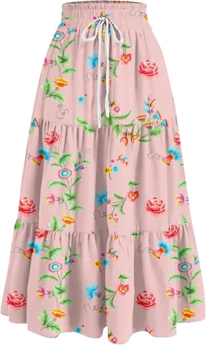 Skirts for Women Trendy Summer Tiered Elastic High Waisted Floral Skirt Vacation A Line Drawstring Flowy Long Skirts