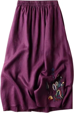 Skirts for Women Trendy Summer Vintage Floral Embroidered Cotton Linen Skirt for Women A Line Midi Skirt Slimming