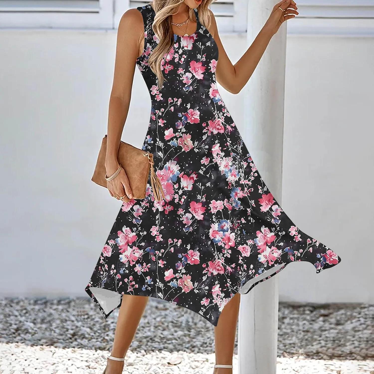 Sleeveless Dress for Women 2025 Summer Casual Beach Flowy Sundress with Pockets Boho Floral Print Midi Tank Dress