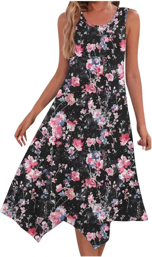 Sleeveless Dress for Women 2025 Summer Casual Beach Flowy Sundress with Pockets Boho Floral Print Midi Tank Dress