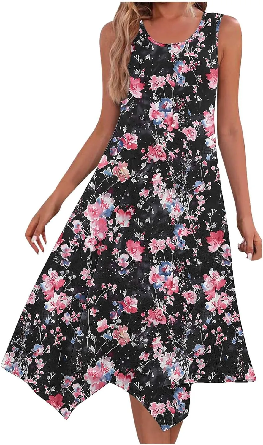 Sleeveless Dress for Women 2025 Summer Casual Beach Flowy Sundress with Pockets Boho Floral Print Midi Tank Dress