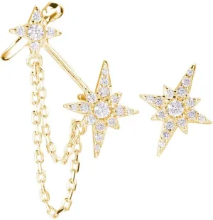 SLUYNZ 925 Sterling Silver Star Cuff Earrings for Women Asymmetric Star Studs Earrings Tassel Chain
