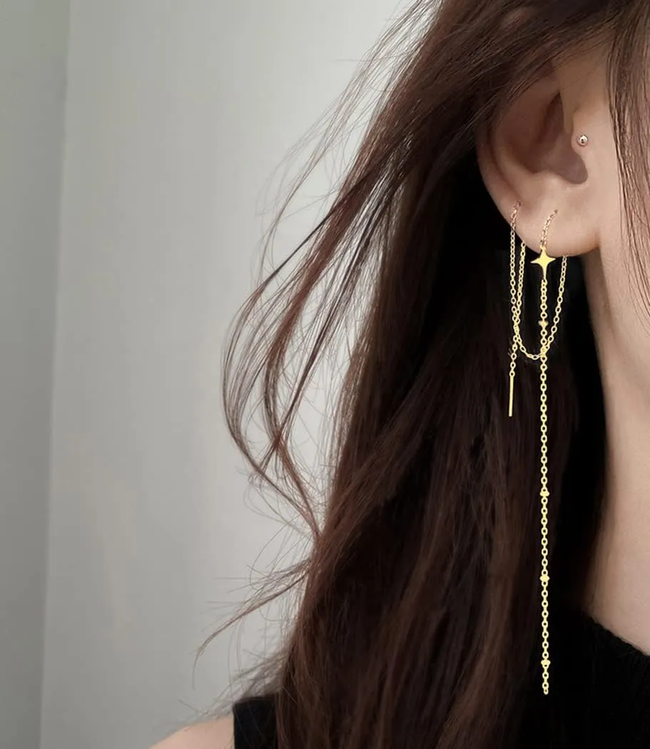SLUYNZ 925 Sterling Silver Star Long Dangle Earrings Chain for Women Teens Line Dangle Earrings Tassel Threader Chain