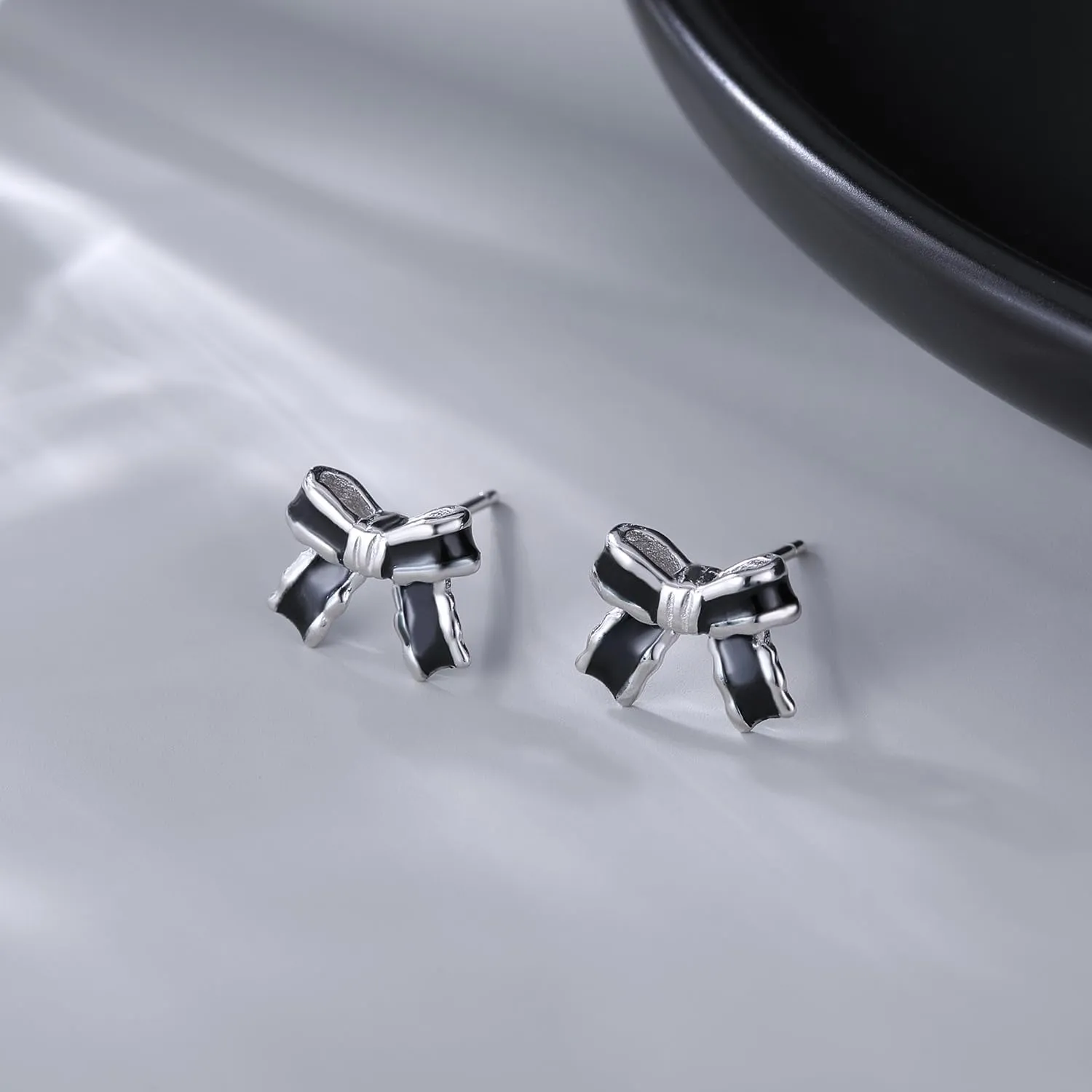 SLUYNZ Solid 925 Sterling Silver Black Bow Earrings Studs for Women Teens Bowknot Stud Earrings Ribbon Bow Studs
