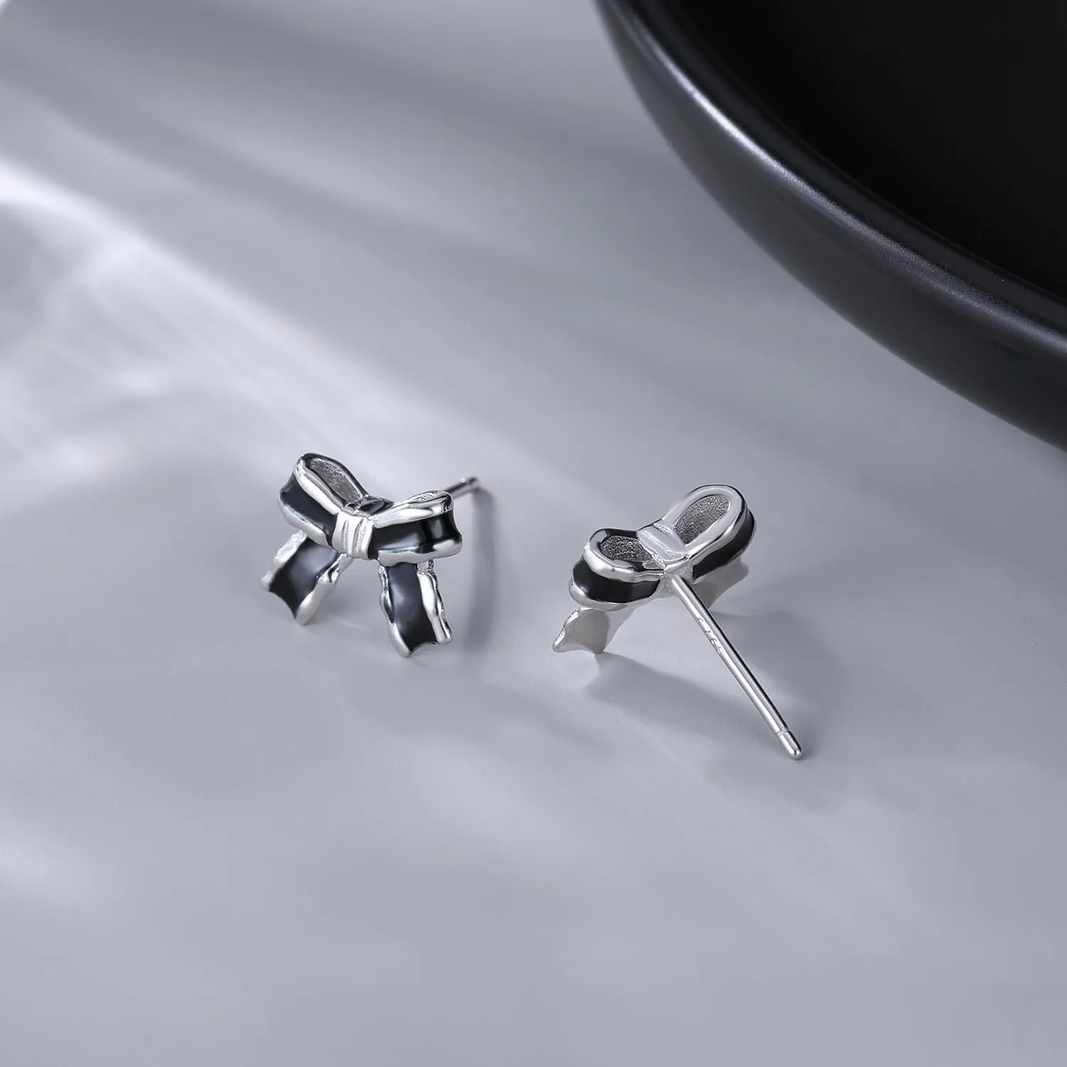 SLUYNZ Solid 925 Sterling Silver Black Bow Earrings Studs for Women Teens Bowknot Stud Earrings Ribbon Bow Studs