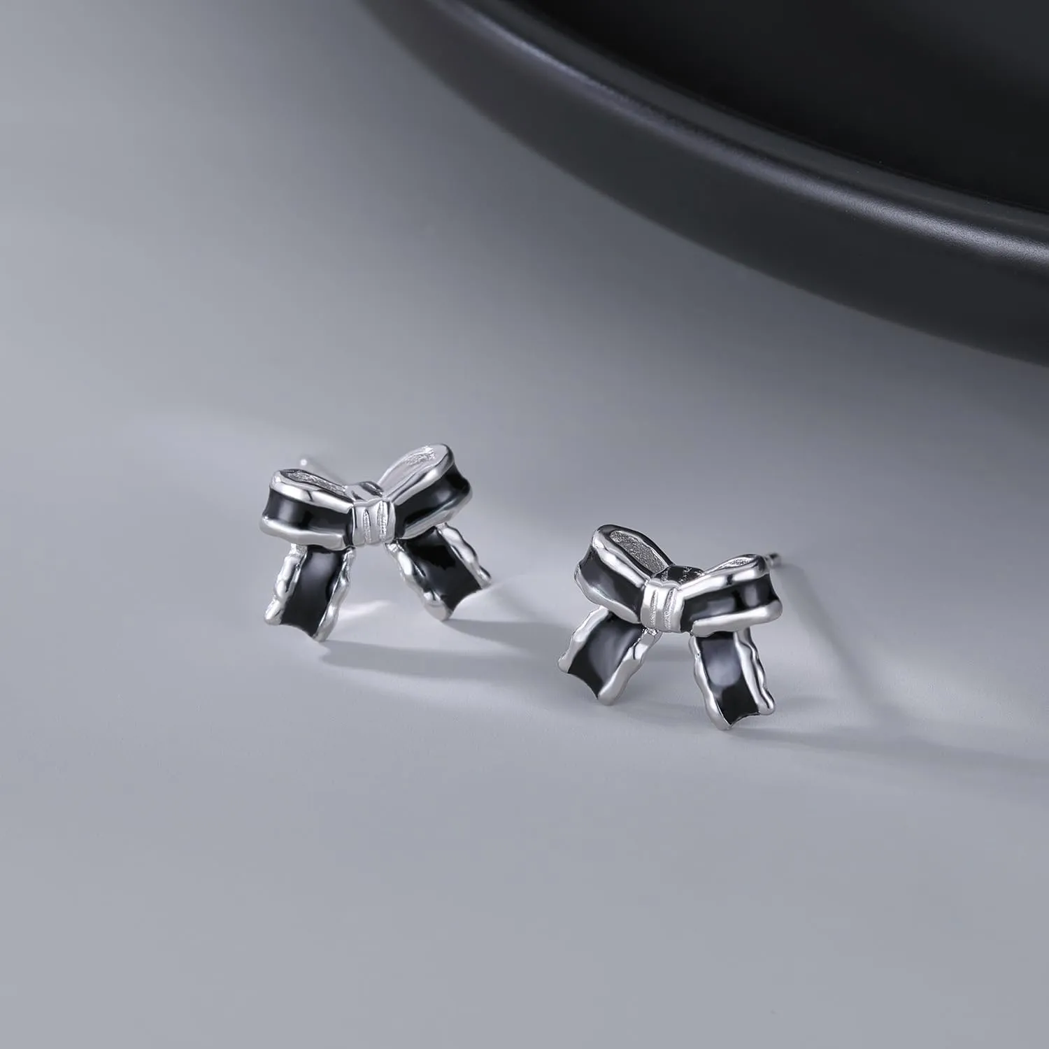 SLUYNZ Solid 925 Sterling Silver Black Bow Earrings Studs for Women Teens Bowknot Stud Earrings Ribbon Bow Studs