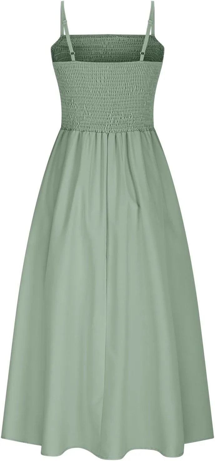 Smocked Maxi Dresses for Women Summer Beach Sundress Casual Spaghetti Strap Flowy A Line Swing Long Dress with Pockets