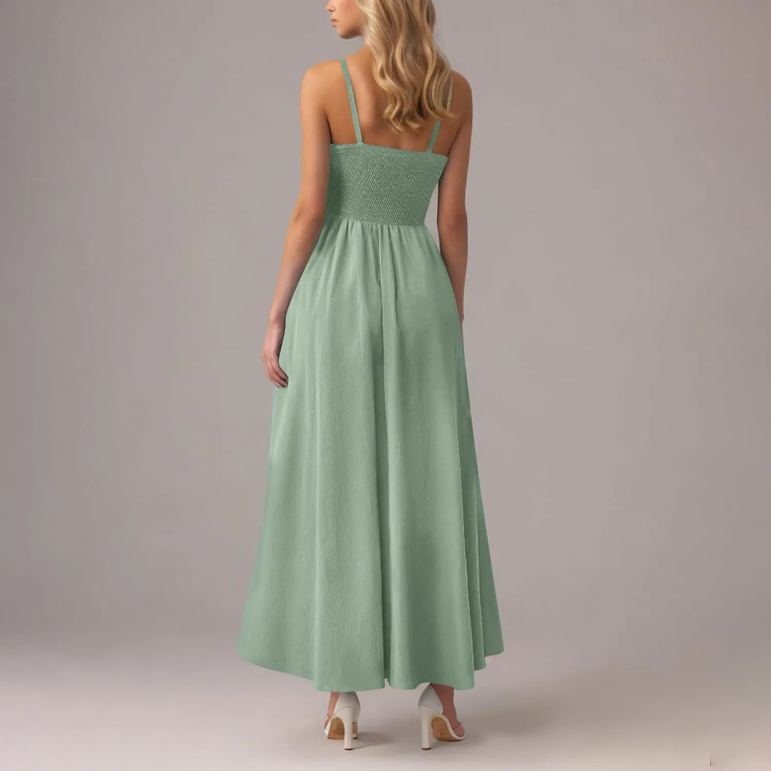 Smocked Maxi Dresses for Women Summer Beach Sundress Casual Spaghetti Strap Flowy A Line Swing Long Dress with Pockets