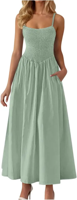 Smocked Maxi Dresses for Women Summer Beach Sundress Casual Spaghetti Strap Flowy A Line Swing Long Dress with Pockets