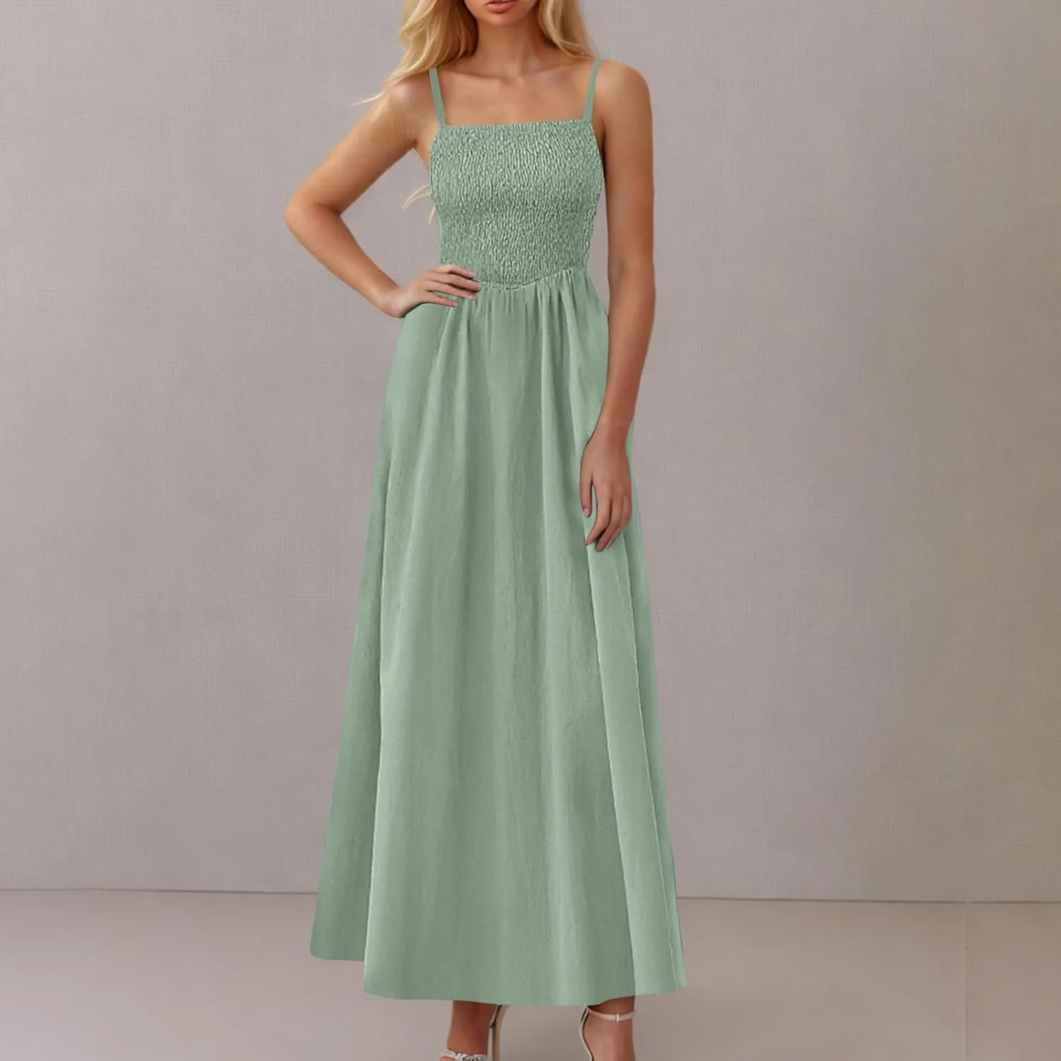 Smocked Maxi Dresses for Women Summer Beach Sundress Casual Spaghetti Strap Flowy A Line Swing Long Dress with Pockets