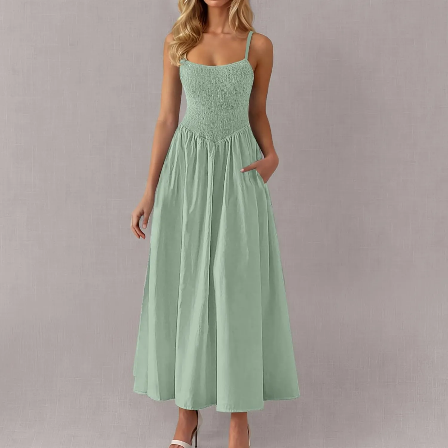 Smocked Maxi Dresses for Women Summer Beach Sundress Casual Spaghetti Strap Flowy A Line Swing Long Dress with Pockets
