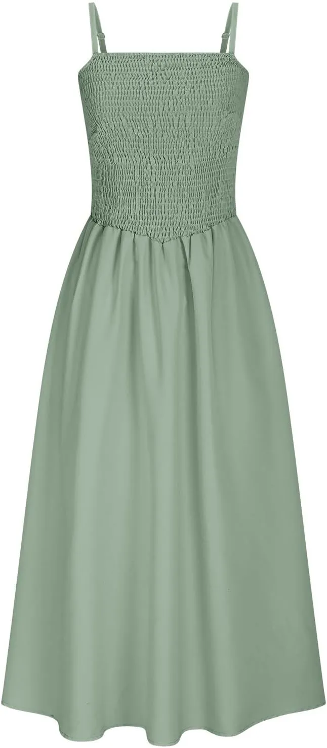 Smocked Maxi Dresses for Women Summer Beach Sundress Casual Spaghetti Strap Flowy A Line Swing Long Dress with Pockets
