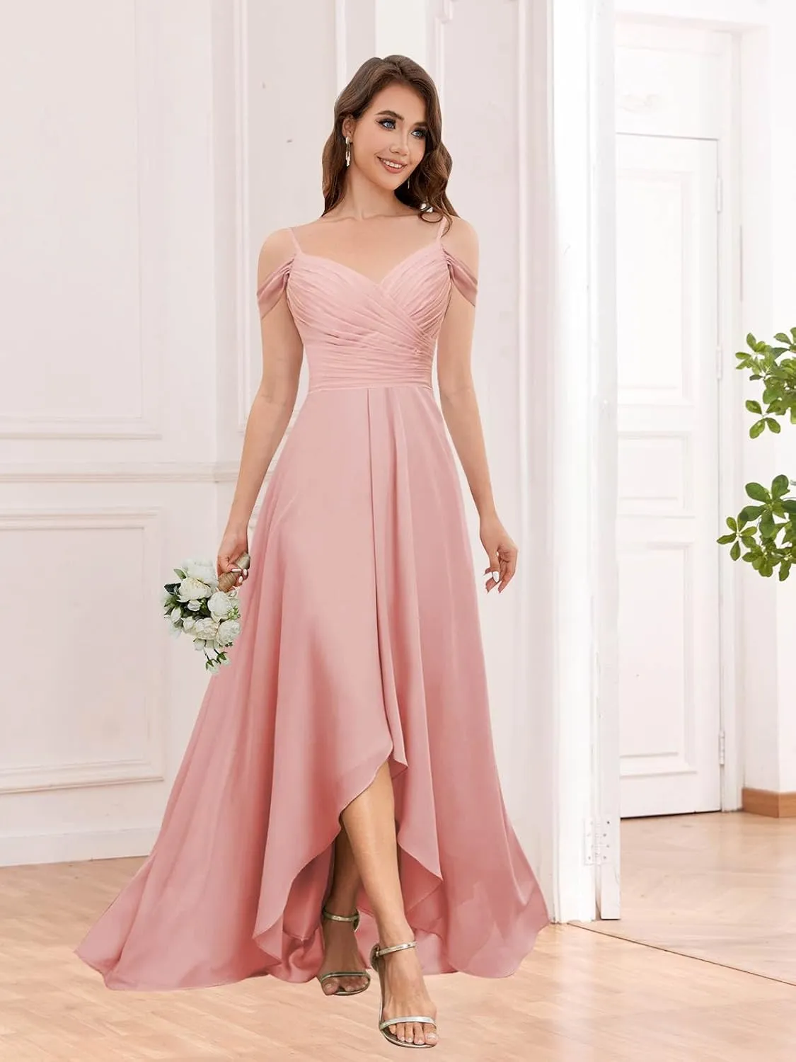 SOLODISH Women's Off The Shoulder Bridesmaid Dresses Pleated Chiffon Formal Evening Party Gown