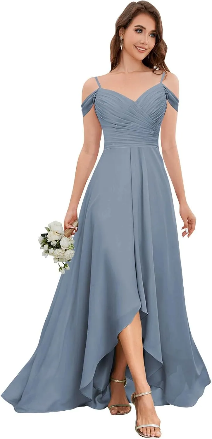 SOLODISH Women's Off The Shoulder Bridesmaid Dresses Pleated Chiffon Formal Evening Party Gown