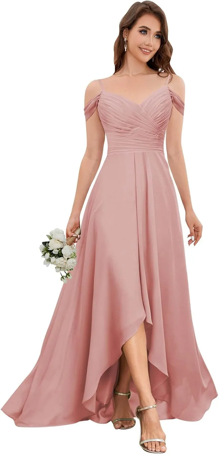 SOLODISH Women's Off The Shoulder Bridesmaid Dresses Pleated Chiffon Formal Evening Party Gown