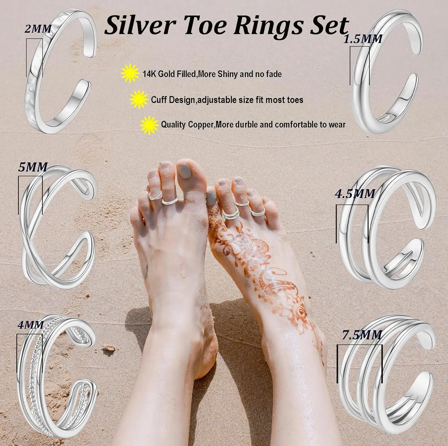 SONNYX Toe Rings for Women 14K Gold Silver Toe Ring Non Tarnish Adjustable Simple Open Band Toe Rings Summer Beach Foot Jewelry for Women