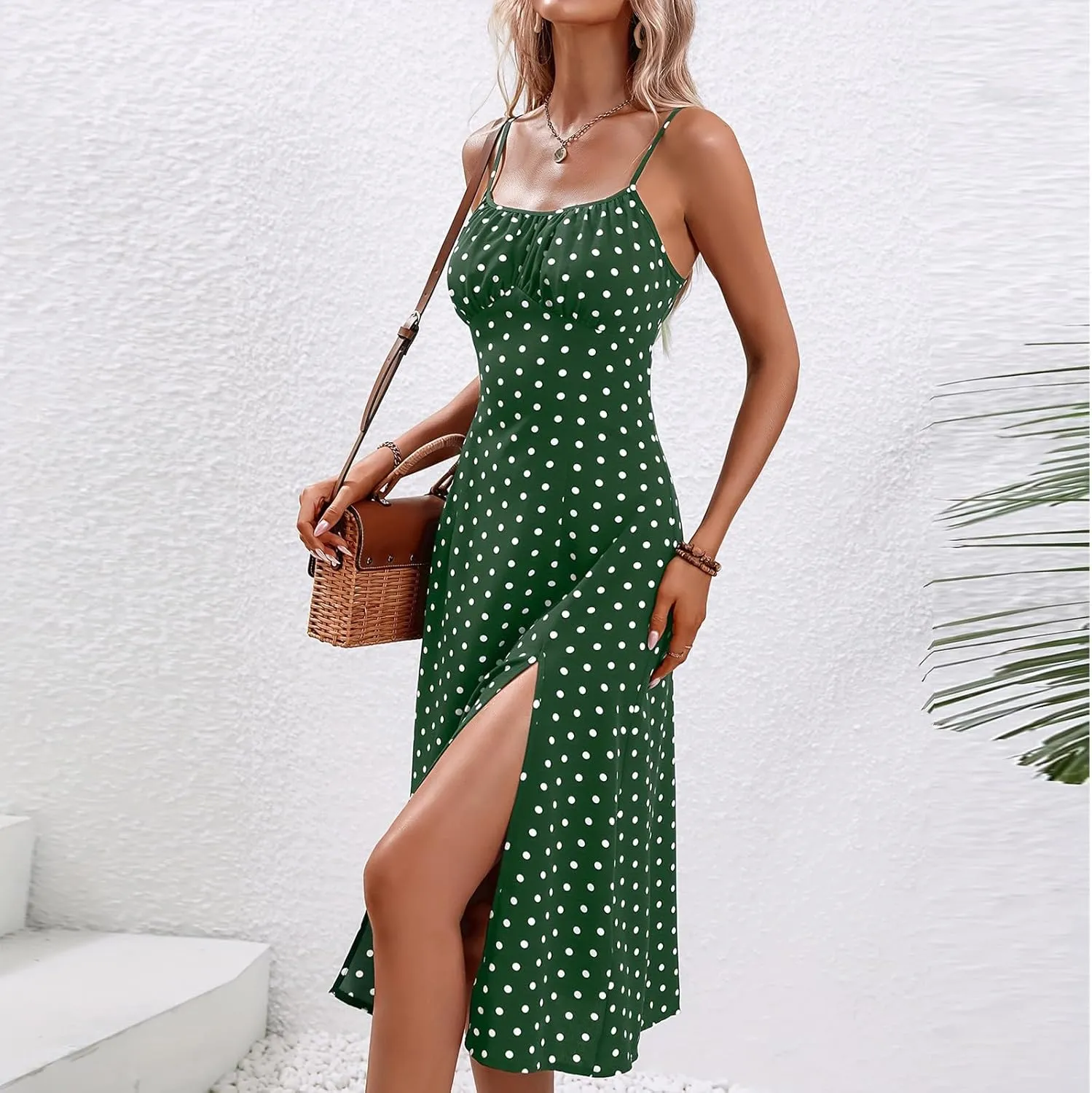 Spaghetti Strap Dresses for Women 2024 Summer Sexy Sundresses Polka Dot Print Midi Dress Side Split Boho Dresses