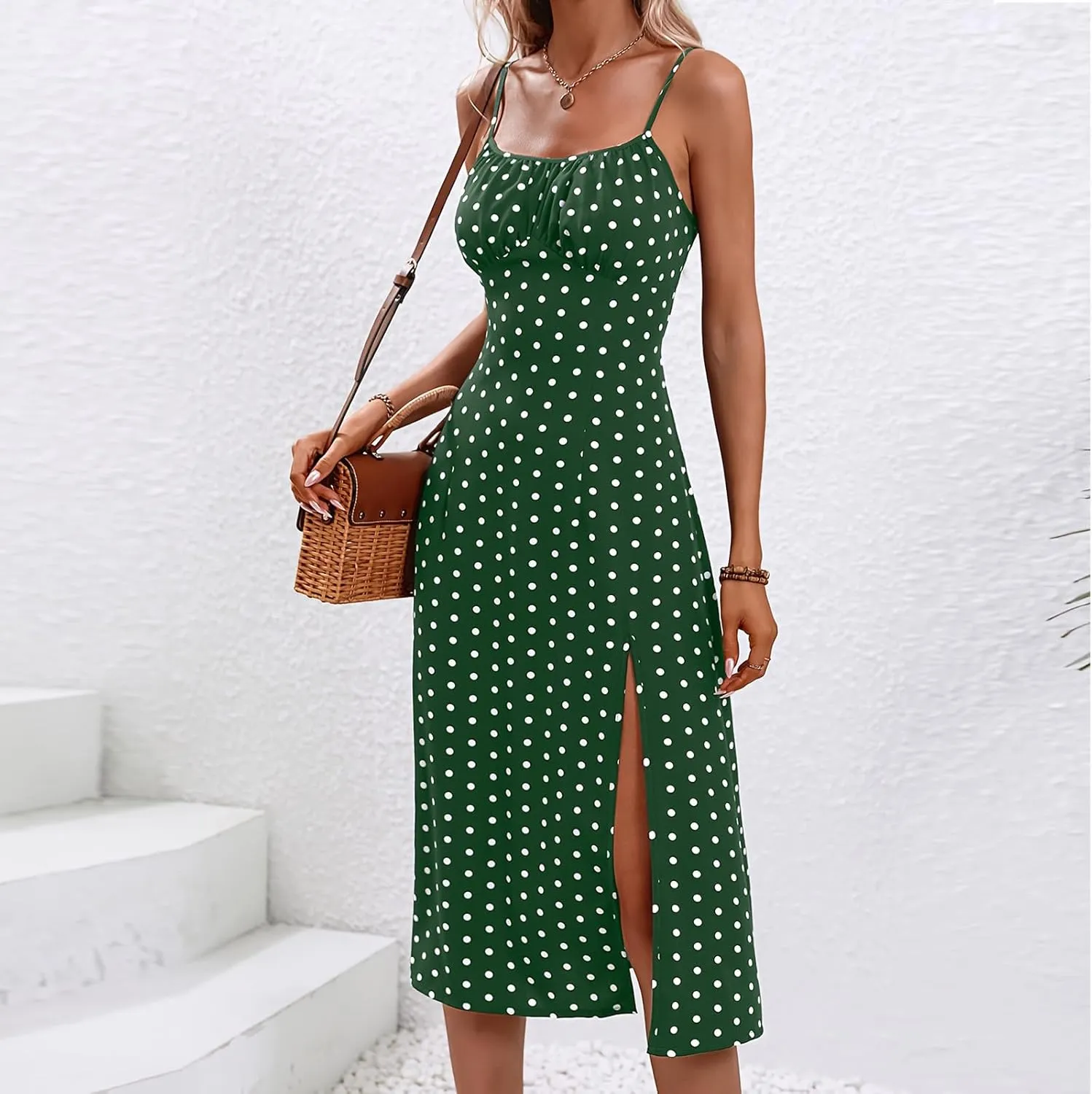 Spaghetti Strap Dresses for Women 2024 Summer Sexy Sundresses Polka Dot Print Midi Dress Side Split Boho Dresses