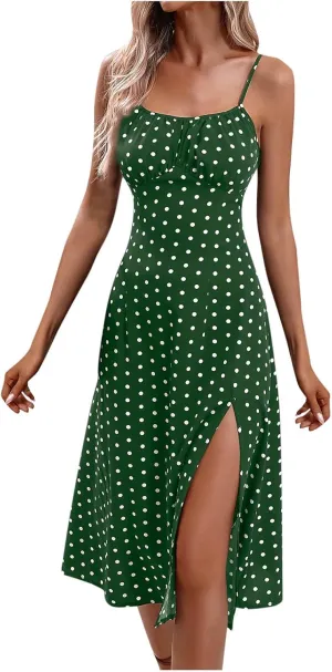 Spaghetti Strap Dresses for Women 2024 Summer Sexy Sundresses Polka Dot Print Midi Dress Side Split Boho Dresses