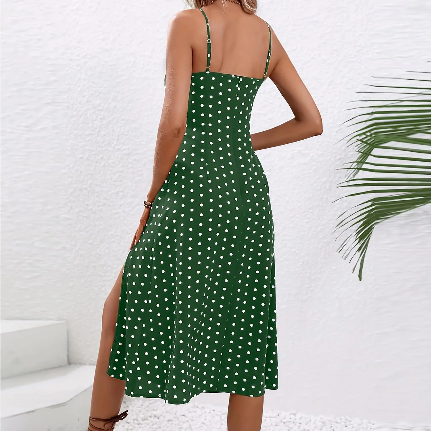 Spaghetti Strap Dresses for Women 2024 Summer Sexy Sundresses Polka Dot Print Midi Dress Side Split Boho Dresses