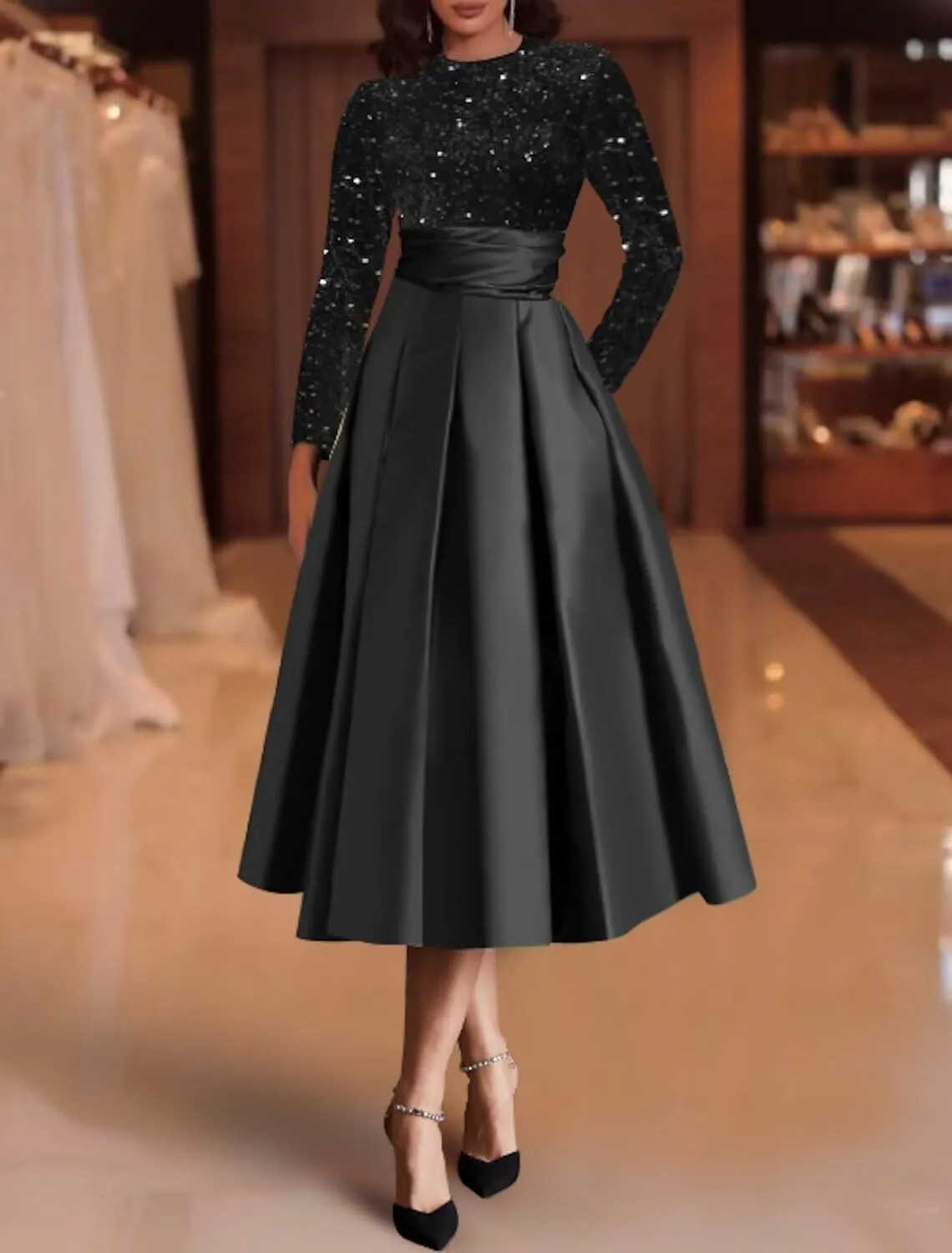 Sparkly Sequin Wedding Gown Long Sleeve Tea Length A Line Formal Dress Mother of The Bride Dresses for Women