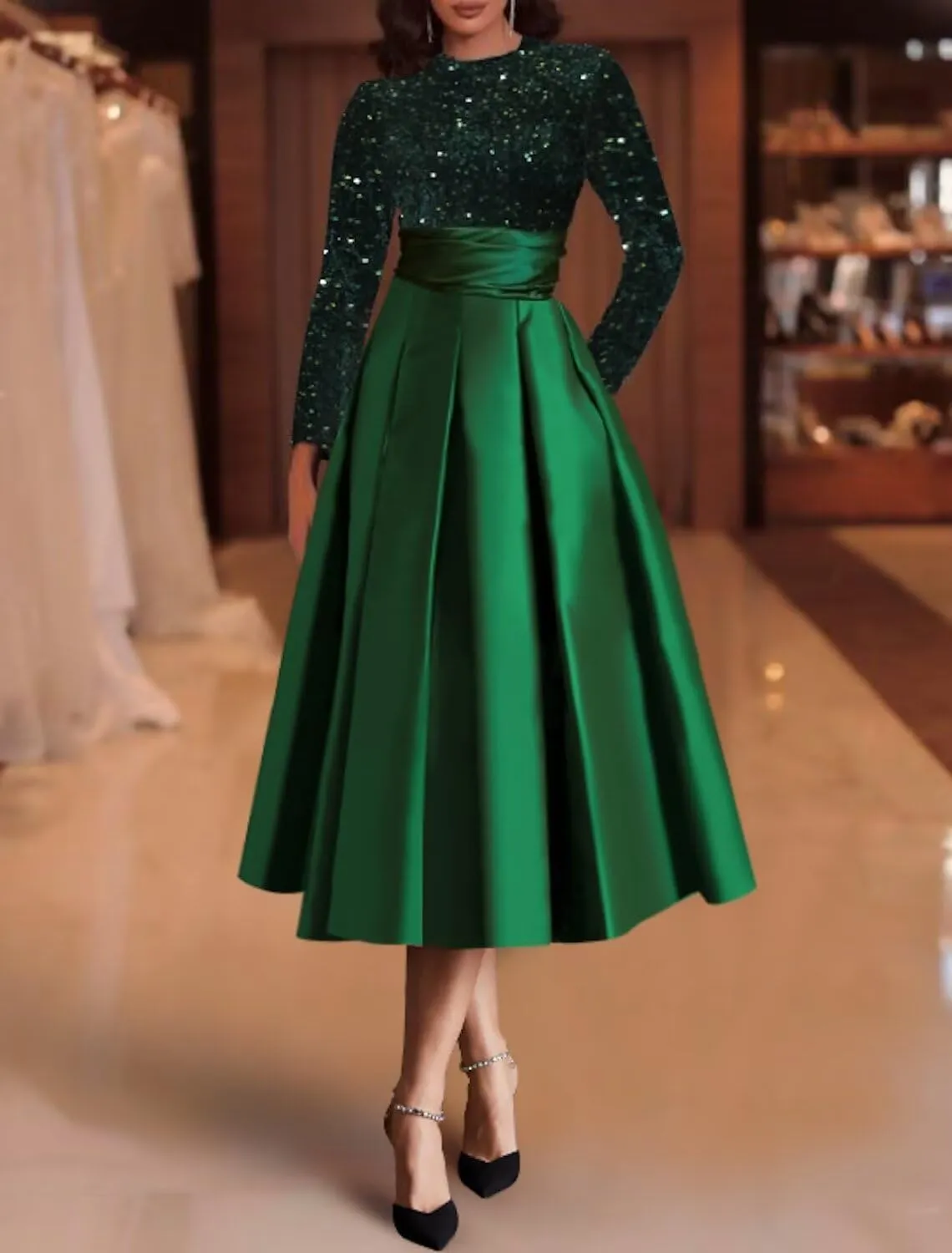 Sparkly Sequin Wedding Gown Long Sleeve Tea Length A Line Formal Dress Mother of The Bride Dresses for Women