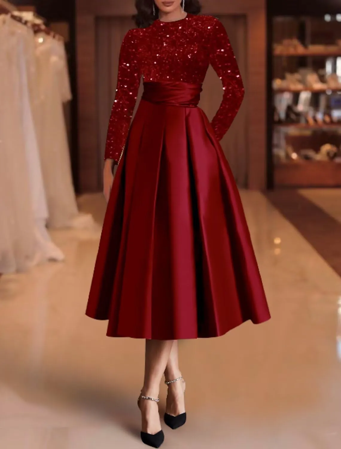 Sparkly Sequin Wedding Gown Long Sleeve Tea Length A Line Formal Dress Mother of The Bride Dresses for Women
