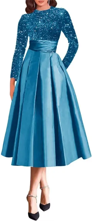Sparkly Sequin Wedding Gown Long Sleeve Tea Length A Line Formal Dress Mother of The Bride Dresses for Women