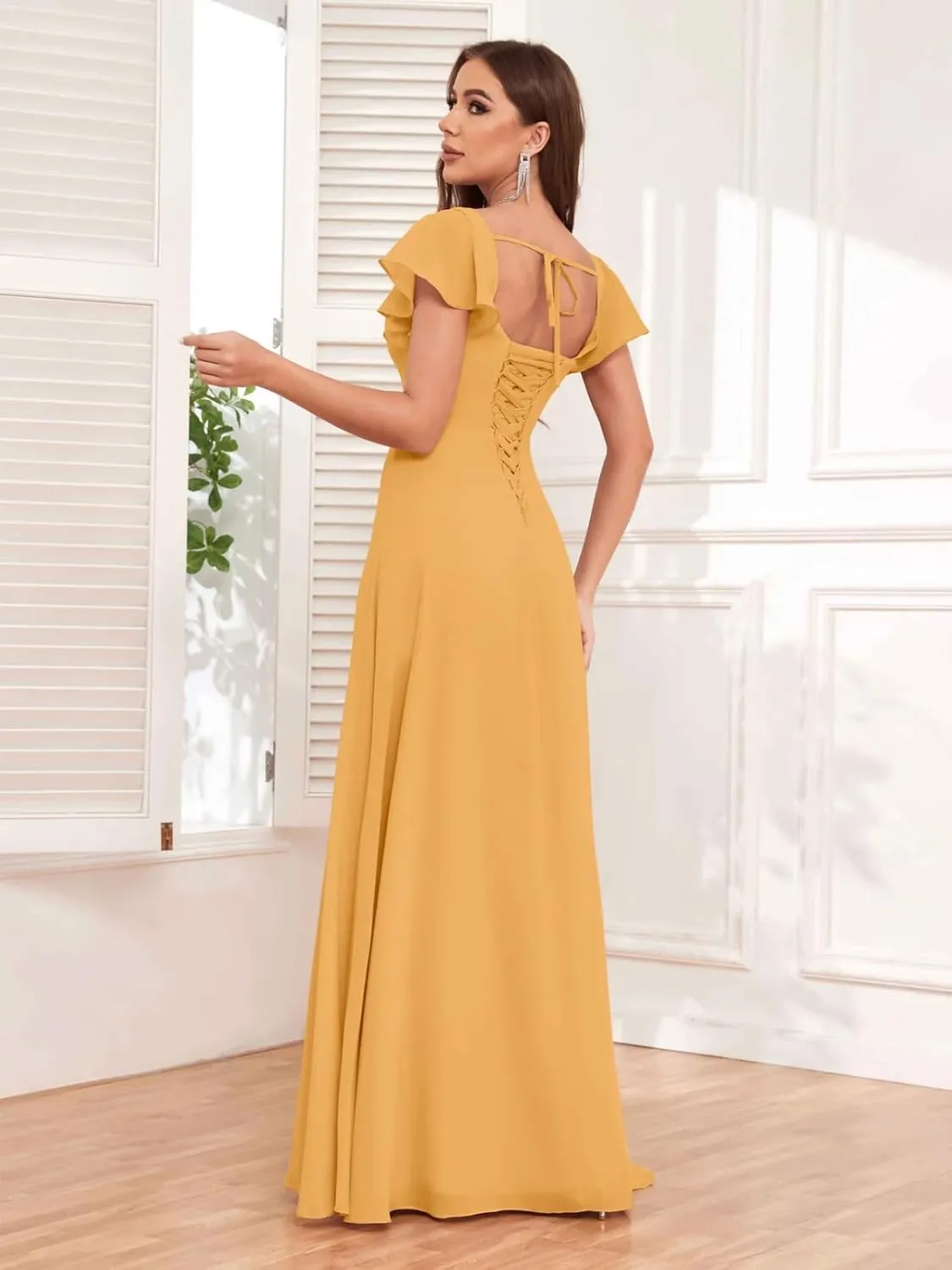 Square Neck Bridesmaid Dresses with Sleeve Chiffon A Line Formal Evening Dress with Slit Wedding Guest Dress
