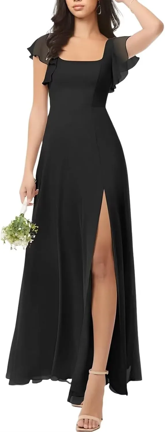 Square Neck Bridesmaid Dresses with Sleeve Chiffon A Line Formal Evening Dress with Slit Wedding Guest Dress