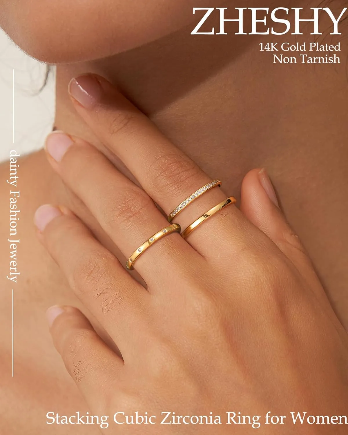 Stackable Gold Rings for Women That Don't Tarnish Trendy14K Gold Plated Stacking Thumb Cubic Zirconia Ring Set Pack Statement Band Rings Promise Engagement Rings Size 6 7 8 9 10