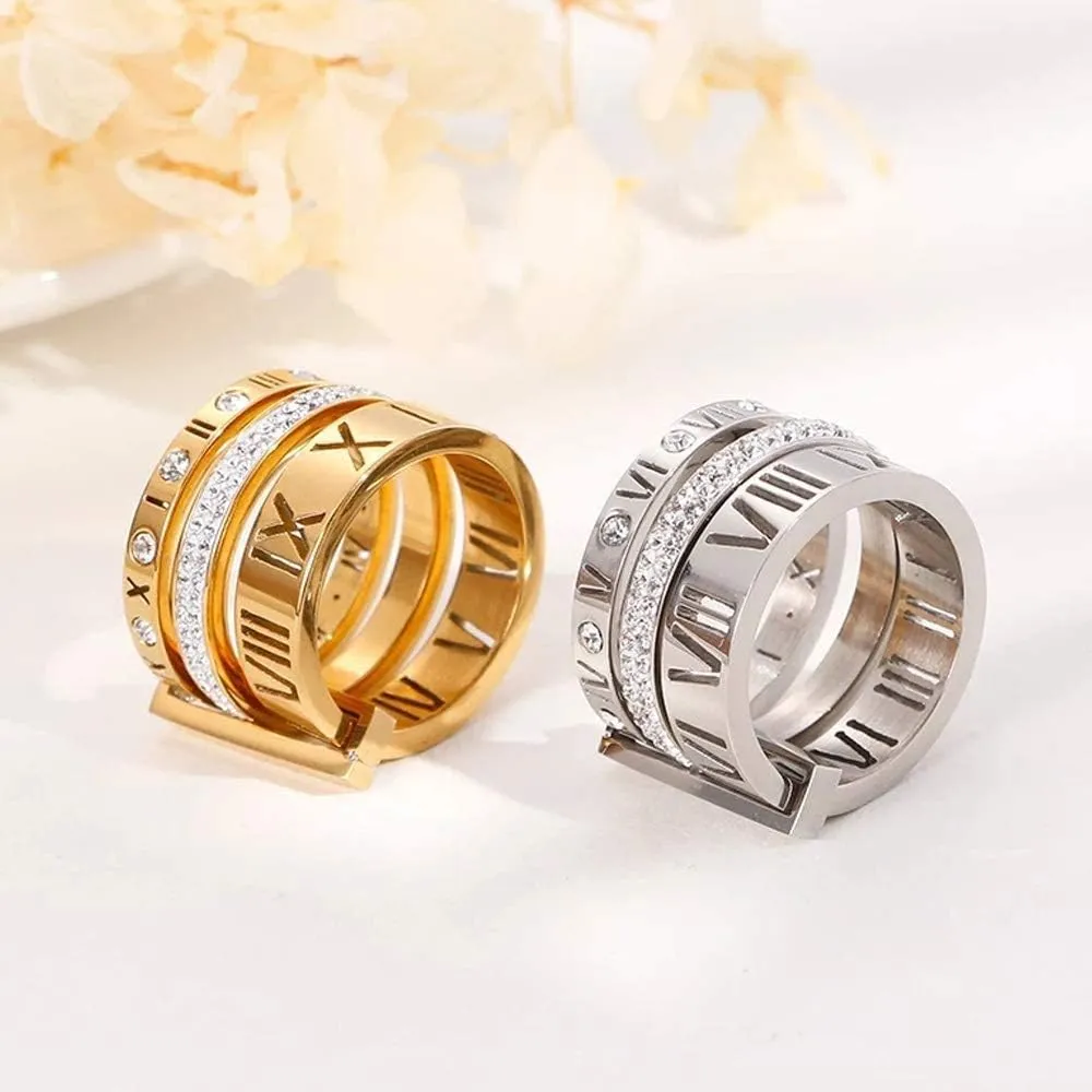 Stainless Steel CZ Zirconia Roman Numeral Ring for Women 3 in 1 Trinity Wedding Band Rings