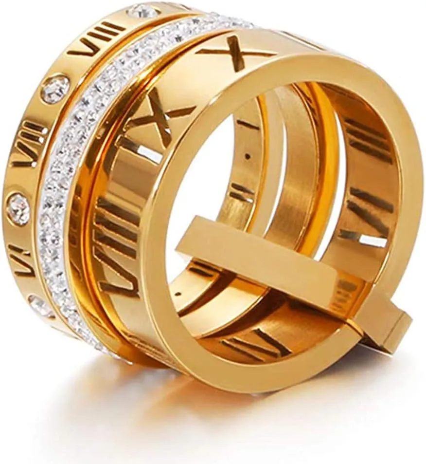 Stainless Steel CZ Zirconia Roman Numeral Ring for Women 3 in 1 Trinity Wedding Band Rings