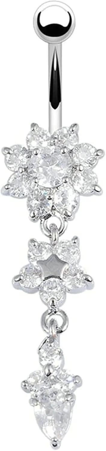 Stainless Steel Navel Rings for Women, CZ Short Navel Rings for Women Flower Pendant Silver Navel Rings