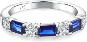 Sterling Silver Birthstone Rings for Women Sapphire/Ruby/Emerald/Aquamarine Wedding Band 3mm Stackable Half Eternity 7 Stone Anniversary Ring Wife Mom Birthday Jewelry Size 6-10