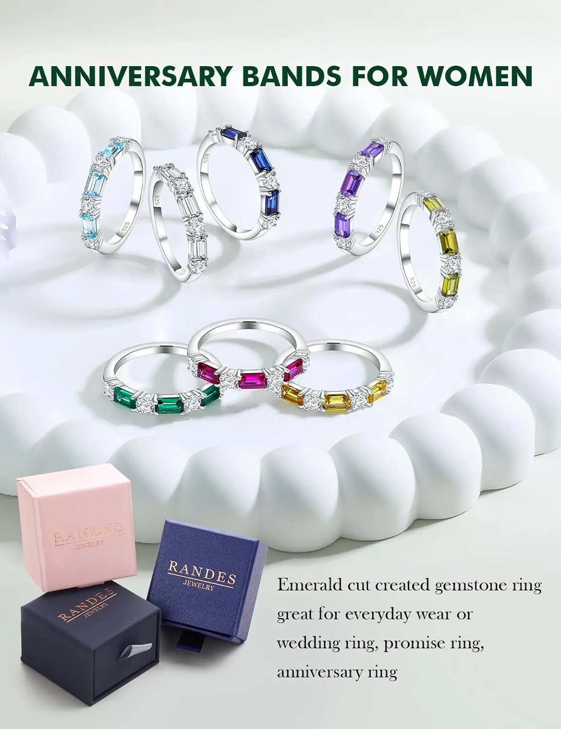 Sterling Silver Birthstone Rings for Women Sapphire/Ruby/Emerald/Aquamarine Wedding Band 3mm Stackable Half Eternity 7 Stone Anniversary Ring Wife Mom Birthday Jewelry Size 6-10