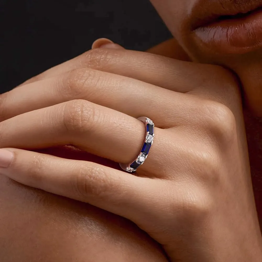 Sterling Silver Birthstone Rings for Women Sapphire/Ruby/Emerald/Aquamarine Wedding Band 3mm Stackable Half Eternity 7 Stone Anniversary Ring Wife Mom Birthday Jewelry Size 6-10