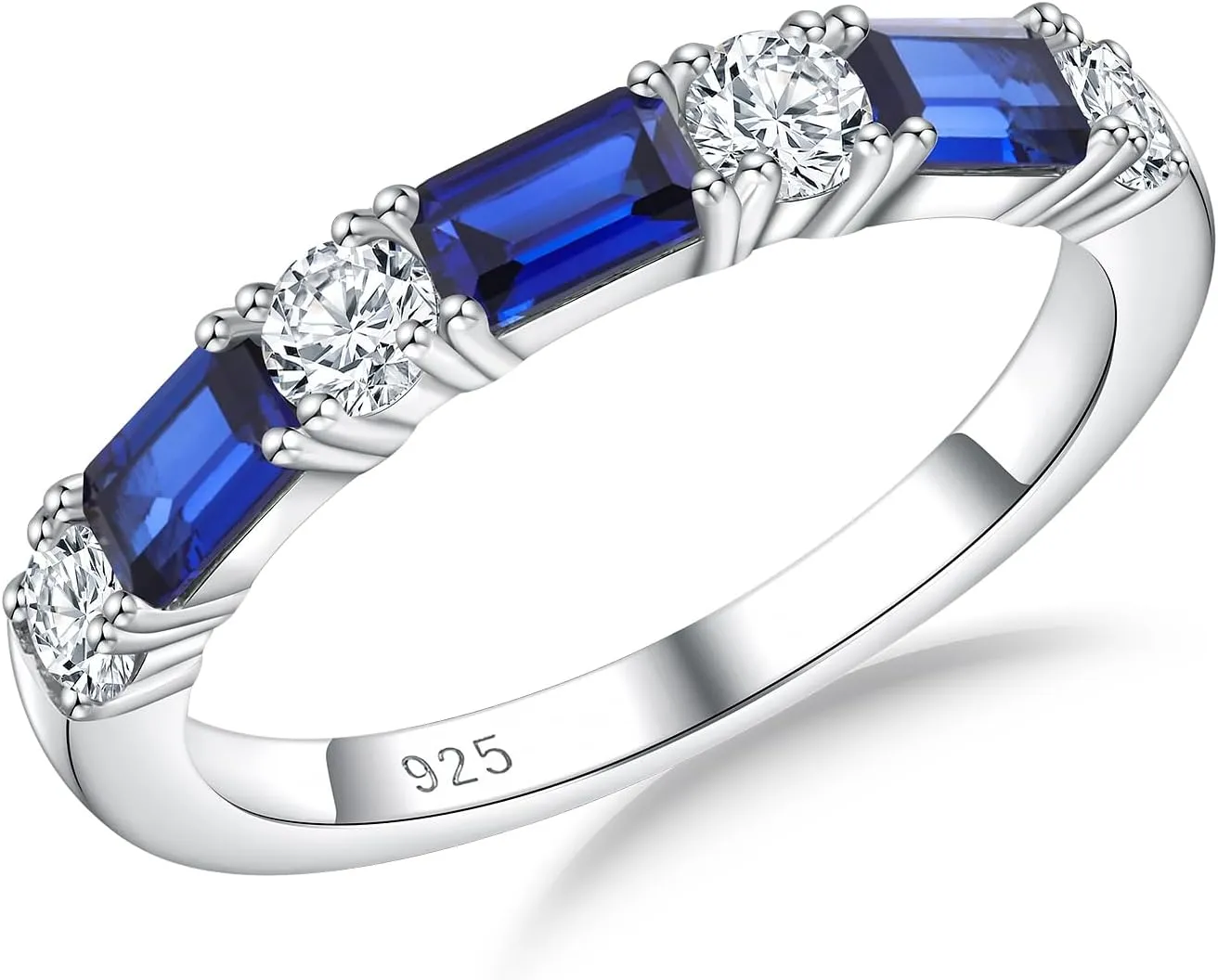 Sterling Silver Birthstone Rings for Women Sapphire/Ruby/Emerald/Aquamarine Wedding Band 3mm Stackable Half Eternity 7 Stone Anniversary Ring Wife Mom Birthday Jewelry Size 6-10