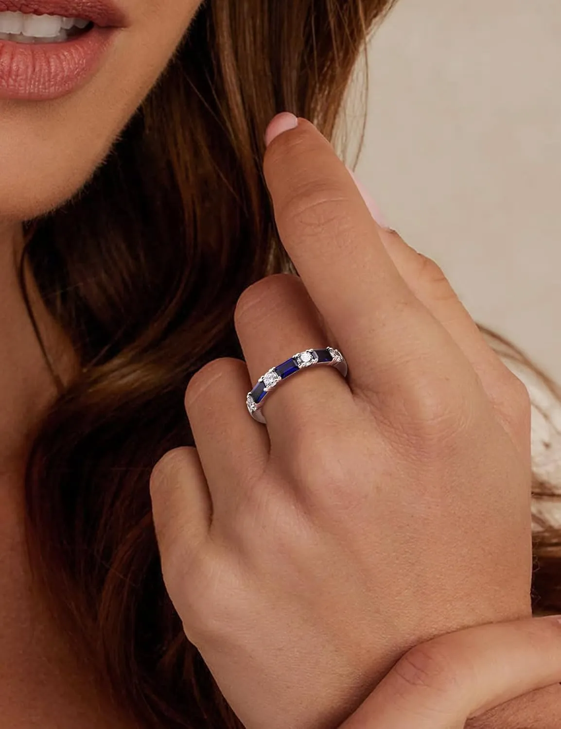 Sterling Silver Birthstone Rings for Women Sapphire/Ruby/Emerald/Aquamarine Wedding Band 3mm Stackable Half Eternity 7 Stone Anniversary Ring Wife Mom Birthday Jewelry Size 6-10