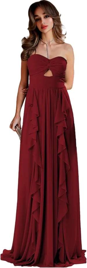 Strapless Bridesmaid Dresses for Wedding Chiffon Formal Dress Ruffles Long Evening Gown