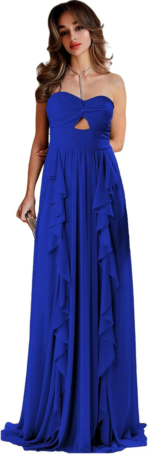 Strapless Bridesmaid Dresses for Wedding Chiffon Formal Dress Ruffles Long Evening Gown