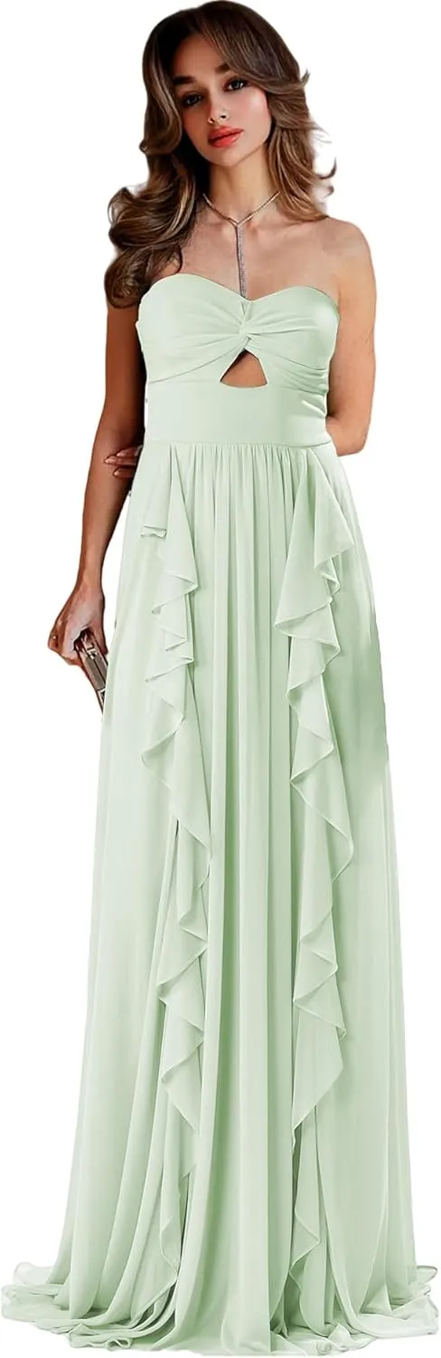Strapless Bridesmaid Dresses for Wedding Chiffon Formal Dress Ruffles Long Evening Gown