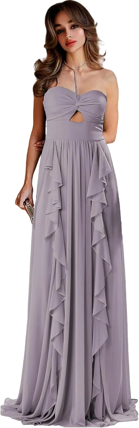 Strapless Bridesmaid Dresses for Wedding Chiffon Formal Dress Ruffles Long Evening Gown