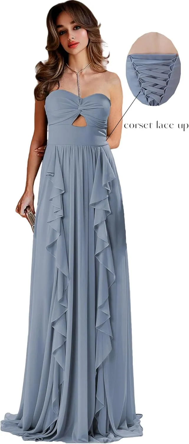 Strapless Bridesmaid Dresses for Wedding Chiffon Formal Dress Ruffles Long Evening Gown