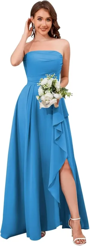 Strapless Chiffon Bridesmaid Dresses for Women Detachable Straps Ruffle Formal Evening Gowns with Slit