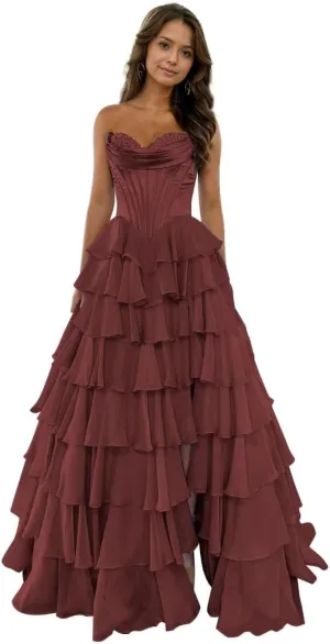 Strapless Prom Dresses for Women Tiered Chiffon Laces Formal Evening Party Gown with Slit ZX80
