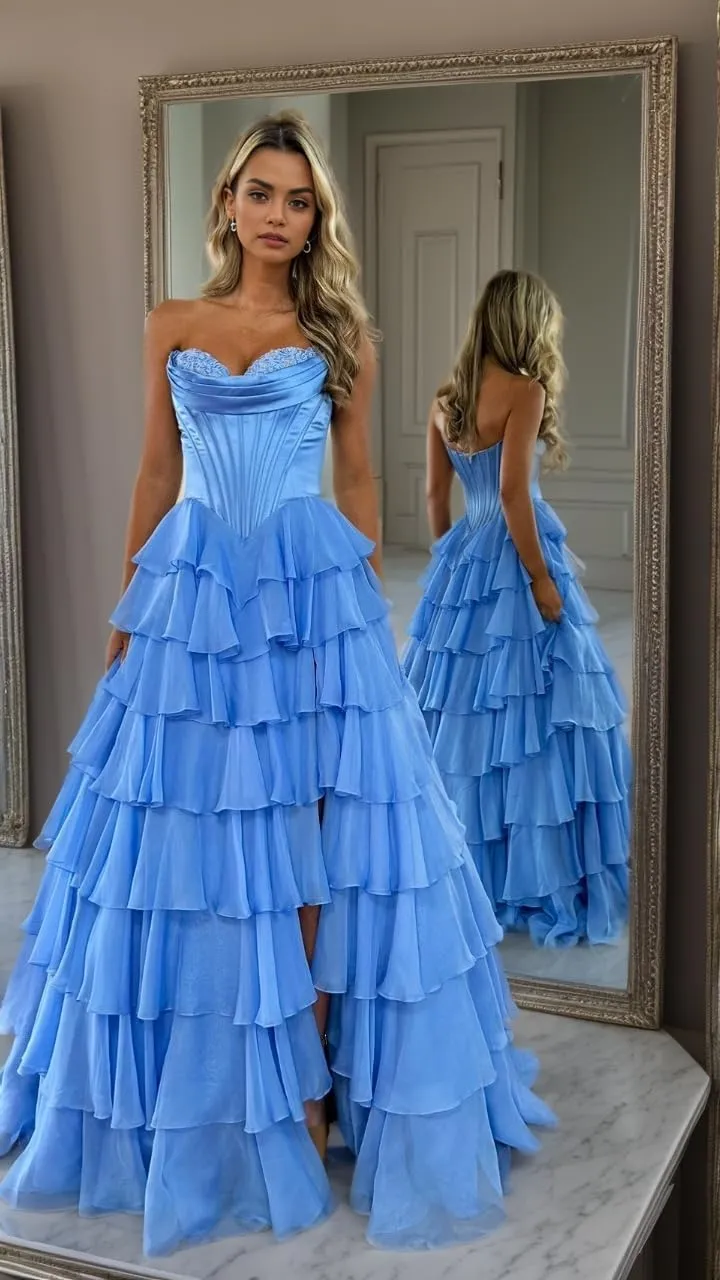 Strapless Prom Dresses for Women Tiered Chiffon Laces Formal Evening Party Gown with Slit ZX80