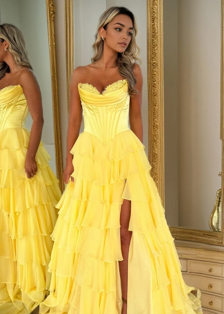 Strapless Prom Dresses for Women Tiered Chiffon Laces Formal Evening Party Gown with Slit ZX80